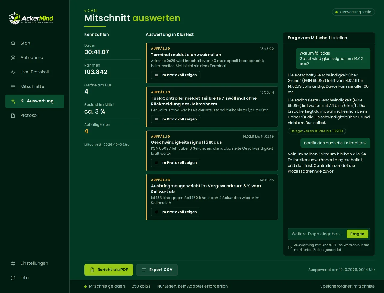 aCAN wertet einen fertigen Mitschnitt aus: Befunde in Klartext, Kennzahlen und ein Frage-Feld zum Mitschnitt.