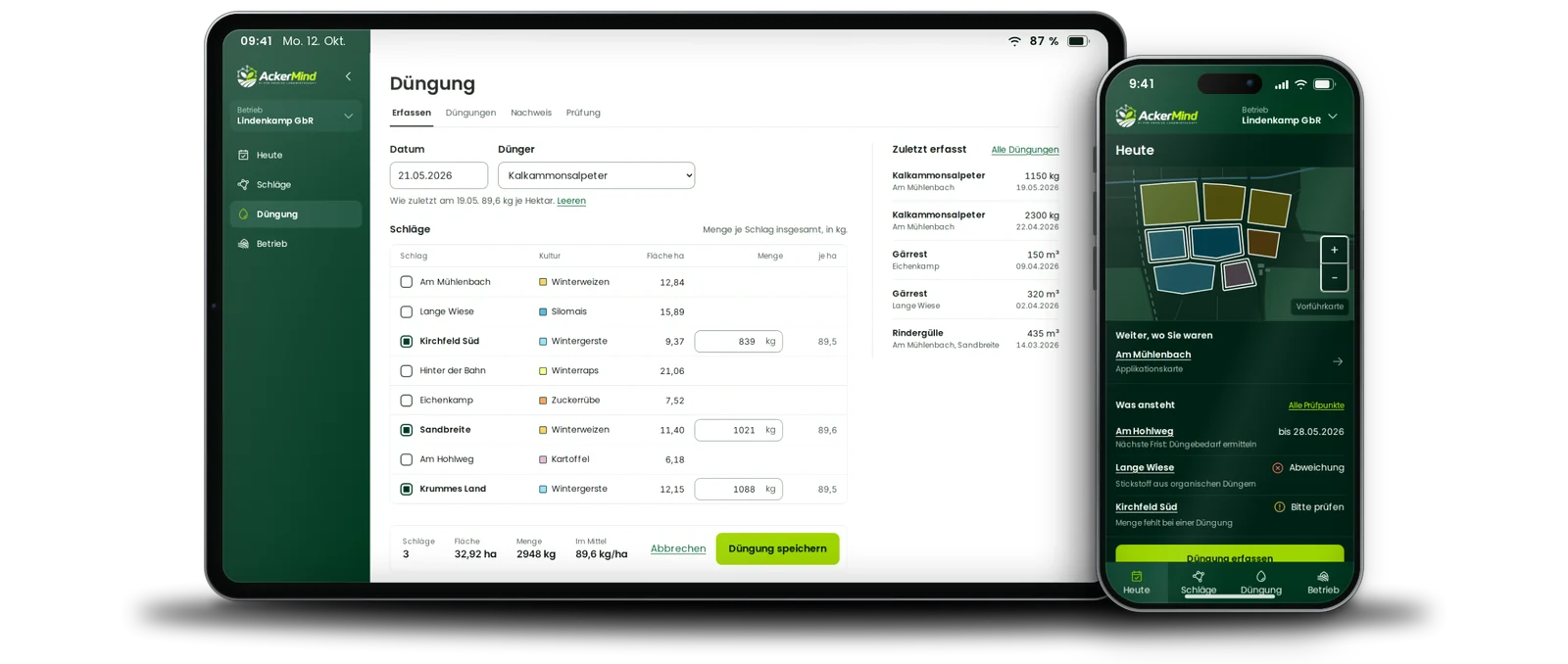 AckerMind auf Tablet und Handy: Düngung je Schlag erfassen, daneben die Tagesübersicht mit Schlagkarte.