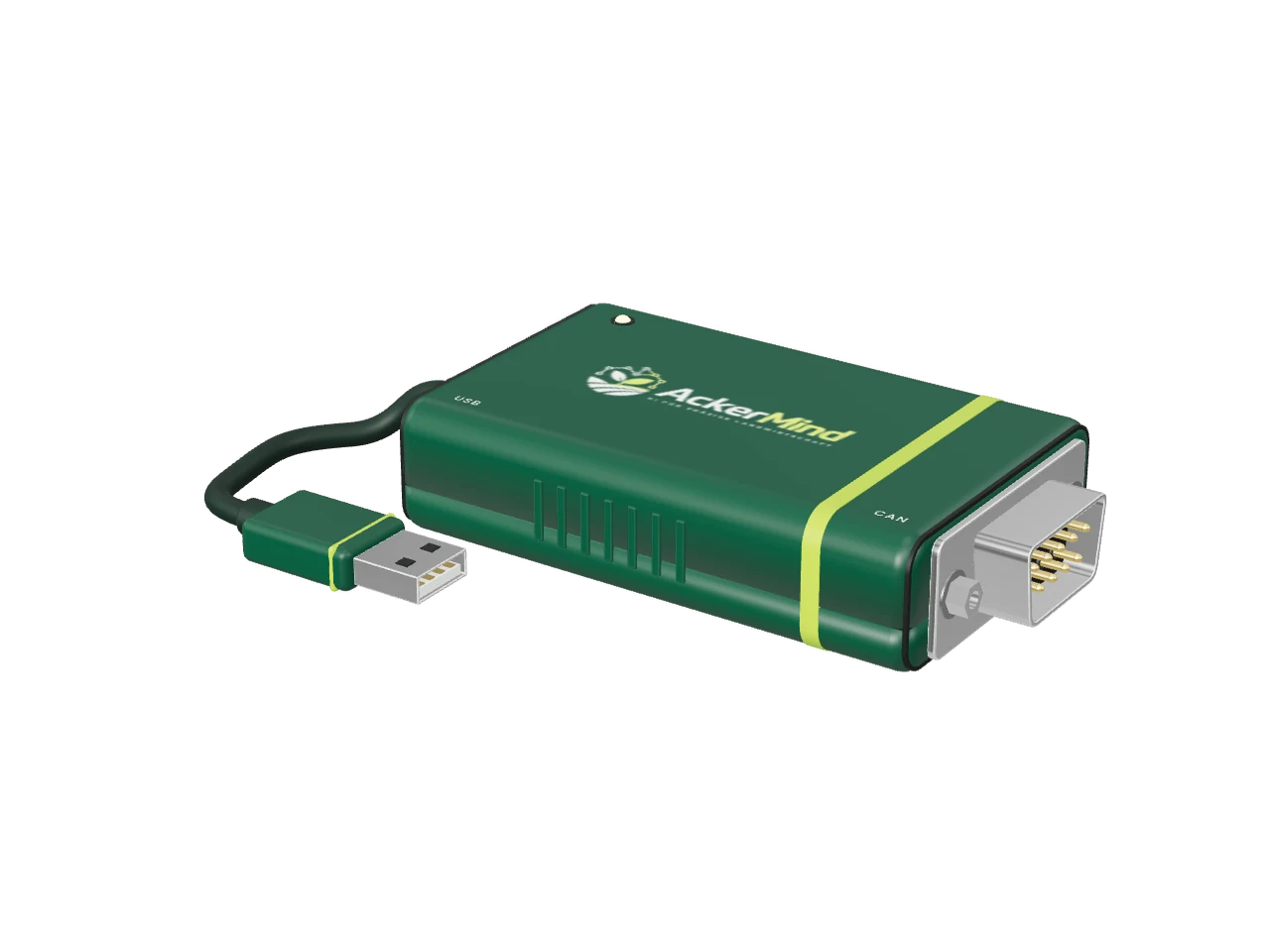 3D-Modell eines USB-Adapters für CAN mit AckerMind-Logo: Gehäuse, neunpoliger Stecker und USB-Leitung